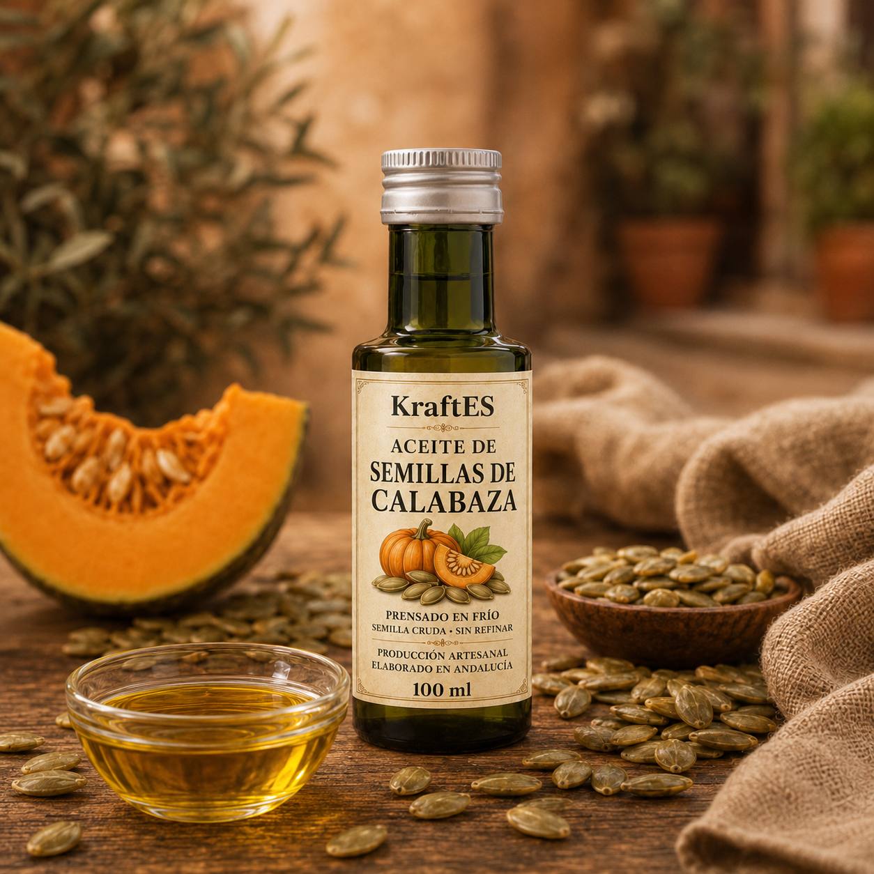 Aceite de Semillas de Calabaza KraftES · formato 100 ml en botella de vidrio oscuro.