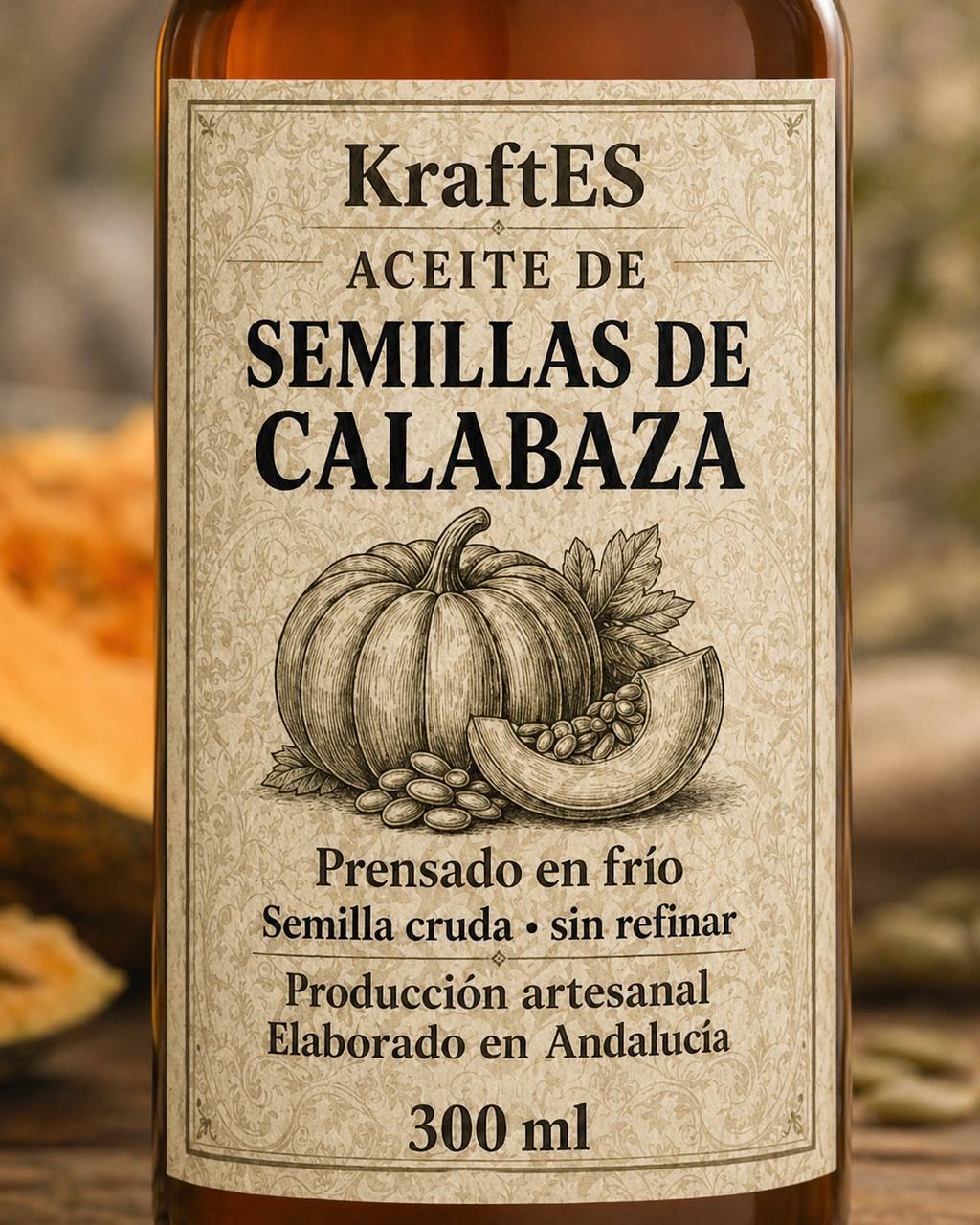 Etiqueta KraftES — Aceite de Semillas de Calabaza, grabado de calabaza y semillas, prensado en frío, elaborado en Andalucía.