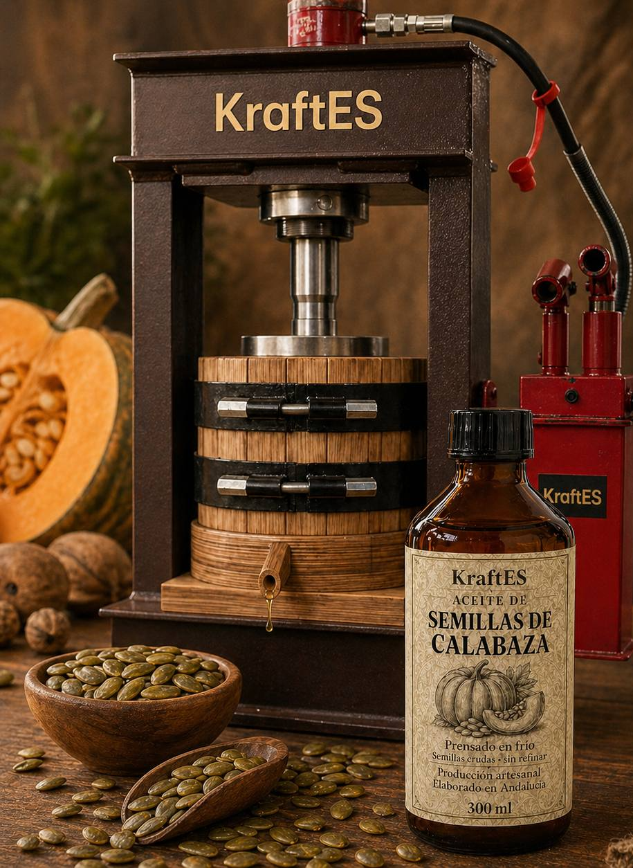 Prensa de hierro KraftES en frío, en el obrador andaluz, junto a semillas crudas y calabaza.